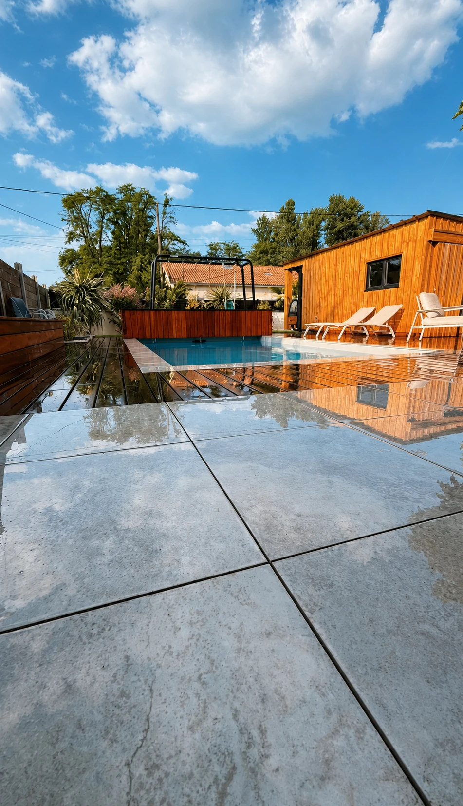 Piscine bordée de bois avec terrasse minérale et bâtiment en bardage bois